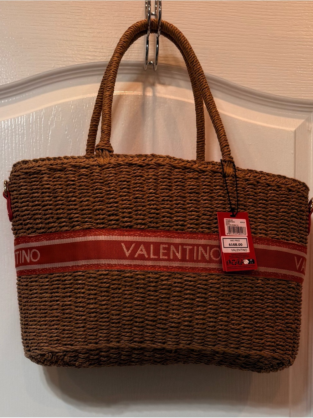 Mario Valentino Brown Woven Tote with Red Logo Stripe Shoulder Strap adjustable